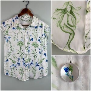 Maison D’Amelie Whimsical Floral Green and Blue Mermaid print Button Down top Sm